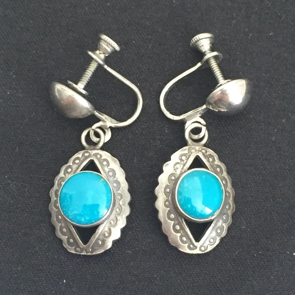 Vintage Sterling Silver Native American Dangle Earrings Screw Back Turquoise